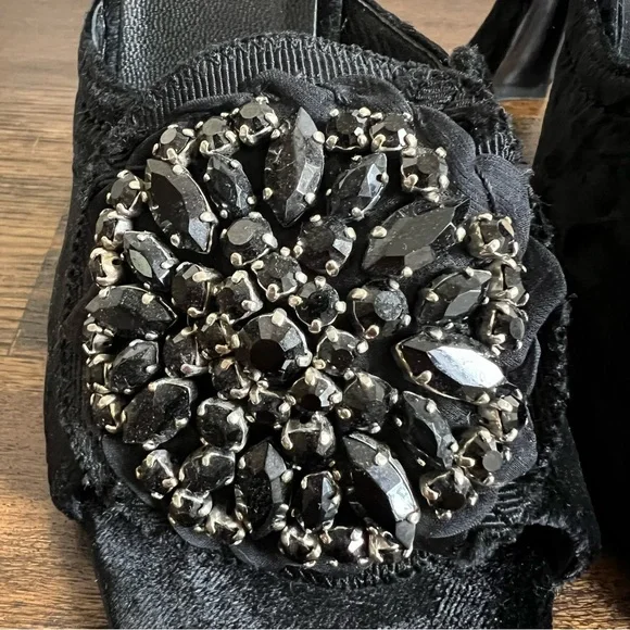 Prada (Worn Indoor Once) Black Velvet Crystal Flower Curved Heel Mules 37.5